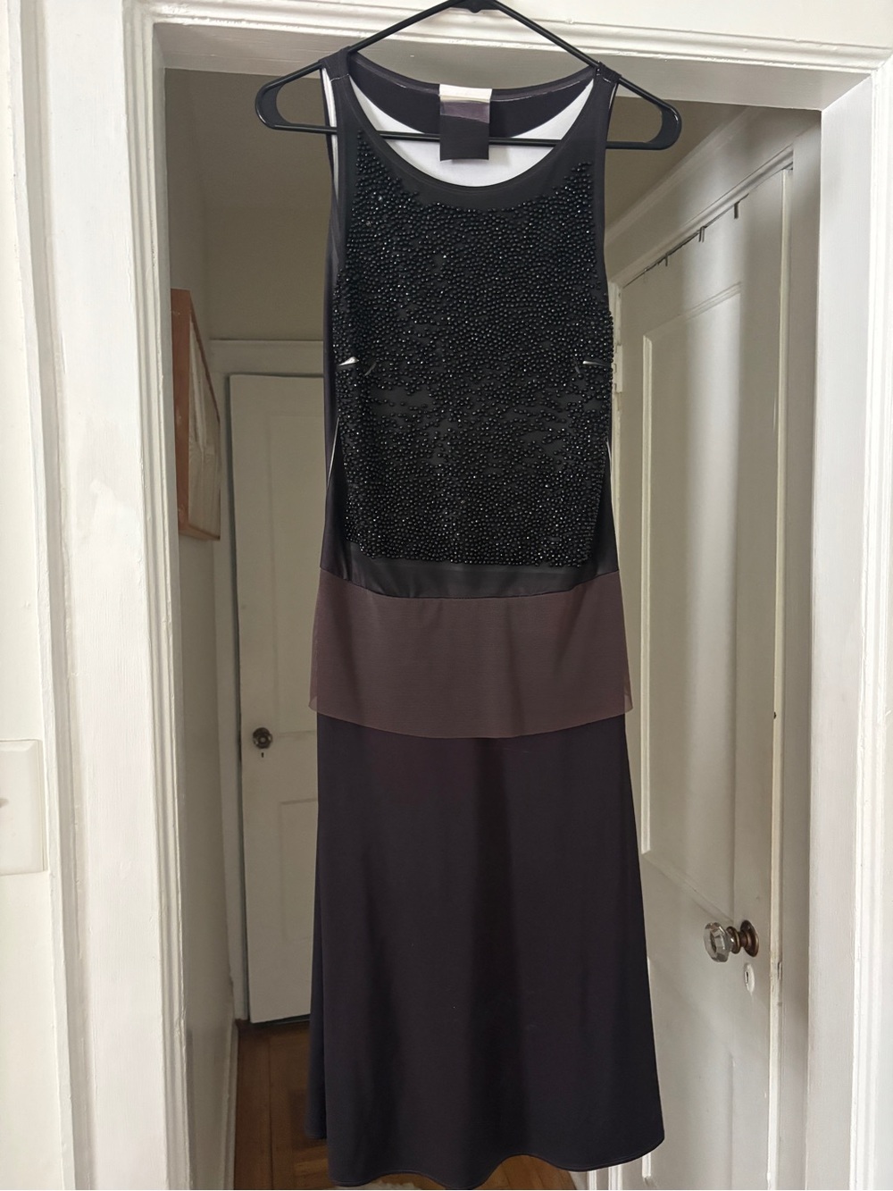 Sleeveless Black Beaded Paneled Evening Dress